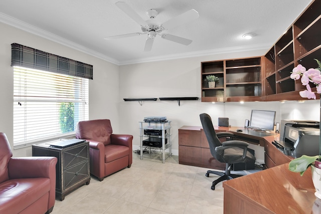 12388 Lakeridge Falls Dr, Boynton Beach, FL 33437 - office with crown molding, light tile patterned flooring, and ceiling fan