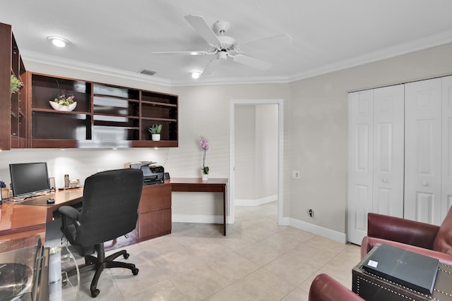 12388 Lakeridge Falls Dr, Boynton Beach, FL 33437 - office area with a ceiling fan, crown molding, and light tile patterned floors