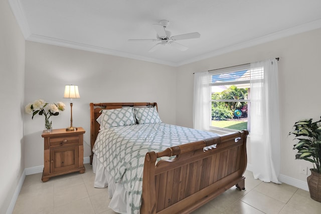 12388 Lakeridge Falls Dr, Boynton Beach, FL 33437 - bedroom with crown molding, light tile patterned floors, and ceiling fan