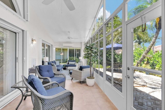 12388 Lakeridge Falls Dr, Boynton Beach, FL 33437 - sunroom featuring a ceiling fan, french doors, an outdoor living space, and vaulted ceiling