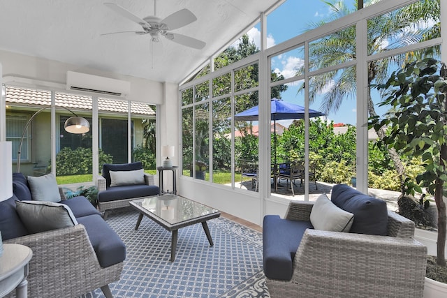 12388 Lakeridge Falls Dr, Boynton Beach, FL 33437 - sunroom with a wall mounted AC, ceiling fan, lofted ceiling, and an outdoor living space