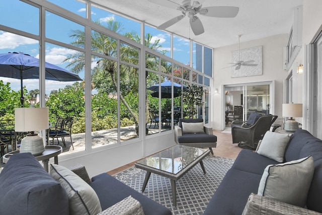12388 Lakeridge Falls Dr, Boynton Beach, FL 33437 - sunroom with a ceiling fan, outdoor lounge area, and plenty of natural light