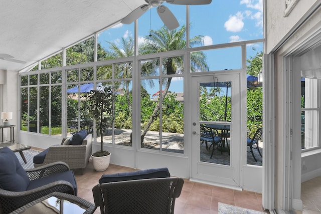 12388 Lakeridge Falls Dr, Boynton Beach, FL 33437 - sunroom / solarium featuring a ceiling fan and lofted ceiling