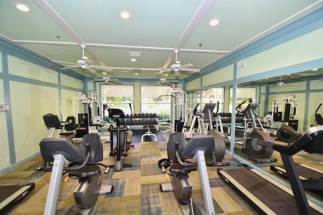 12388 Lakeridge Falls Dr, Boynton Beach, FL 33437 - exercise room featuring ceiling fan and recessed lighting