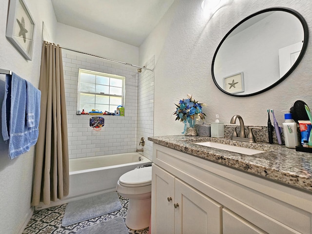 690 NE 150th Ct, Morriston, FL 32668 - full bath featuring vanity, shower / bathtub combination with curtain, tile patterned floors, and a textured wall