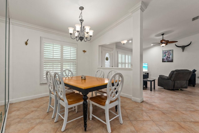 468 SW Prado Ave, Port Saint Lucie, FL 34983 - dining area featuring ornamental molding, a chandelier, light tile patterned floors, and ceiling fan