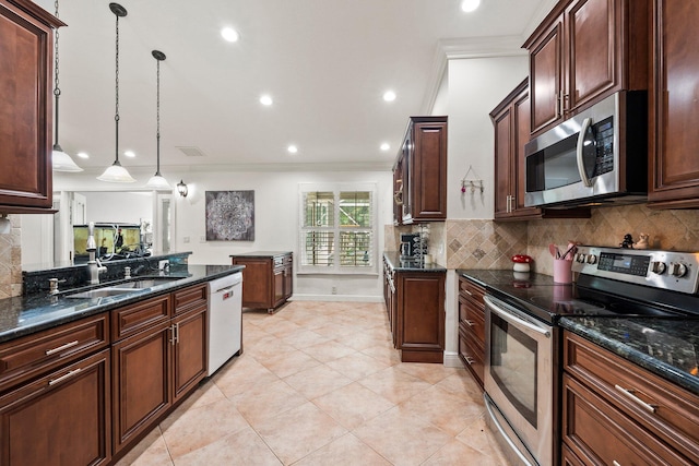 468 SW Prado Ave, Port Saint Lucie, FL 34983 - kitchen with appliances with stainless steel finishes, crown molding, tasteful backsplash, recessed lighting, and dark stone counters