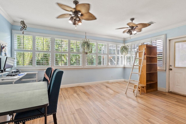468 SW Prado Ave, Port Saint Lucie, FL 34983 - office area featuring ceiling fan, ornamental molding, healthy amount of natural light, wood finished floors, and a textured ceiling