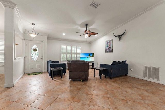 468 SW Prado Ave, Port Saint Lucie, FL 34983 - entryway with crown molding, light tile patterned flooring, ceiling fan, and recessed lighting