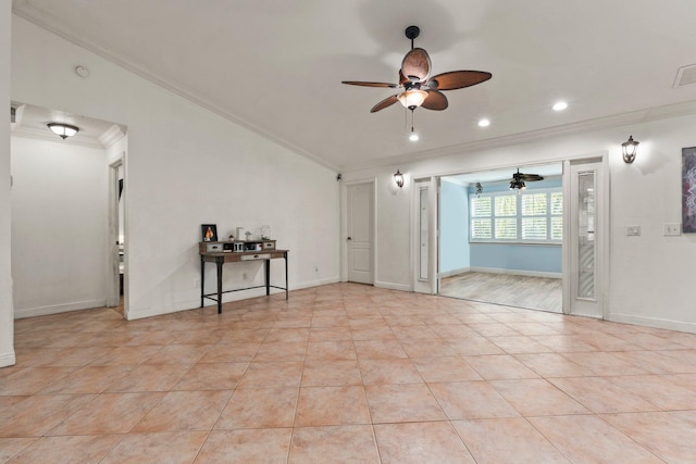 468 SW Prado Ave, Port Saint Lucie, FL 34983 - empty room with crown molding, a ceiling fan, light tile patterned floors, recessed lighting, and lofted ceiling