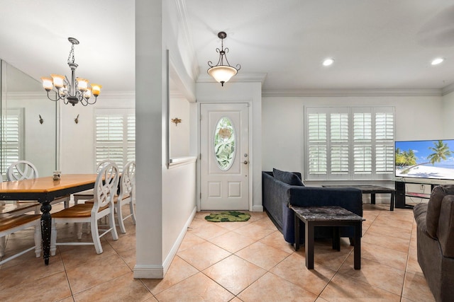 468 SW Prado Ave, Port Saint Lucie, FL 34983 - foyer entrance with plenty of natural light, a chandelier, crown molding, light tile patterned flooring, and recessed lighting
