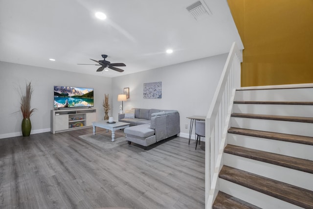2004 SE Round Table Dr Unit 0, Port Saint Lucie, FL 34952 - living area with stairway, recessed lighting, a ceiling fan, and wood finished floors