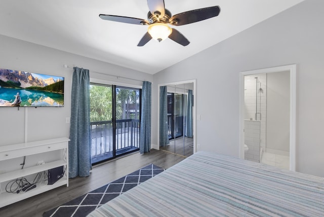 2004 SE Round Table Dr Unit 0, Port Saint Lucie, FL 34952 - bedroom featuring access to outside, lofted ceiling, wood finished floors, connected bathroom, and a ceiling fan