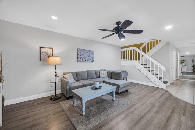 2004 SE Round Table Dr Unit 0, Port Saint Lucie, FL 34952 - living room with stairway, recessed lighting, wood finished floors, and a ceiling fan