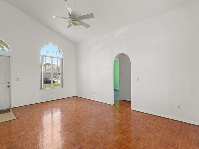 751 SE Majestic Ter, Port Saint Lucie, FL 34953 - entrance foyer with ceiling fan, high vaulted ceiling, and arched walkways
