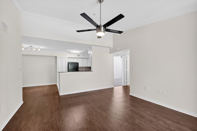 15185 Michelangelo Blvd Unit 207, Delray Beach, FL 33446 - unfurnished living room featuring dark wood-type flooring, ornamental molding, and ceiling fan