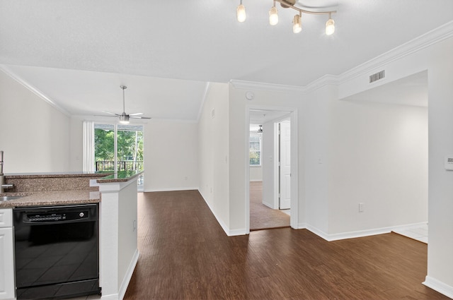15185 Michelangelo Blvd Unit 207, Delray Beach, FL 33446 - kitchen with black dishwasher, ornamental molding, dark wood-style flooring, ceiling fan, and white cabinets