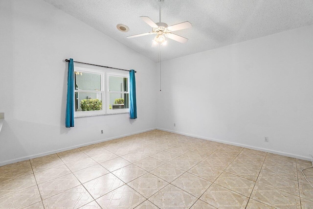145 Waterway Rd, Royal Palm Beach, FL 33411 - empty room featuring a textured ceiling, ceiling fan, lofted ceiling, and light tile patterned floors