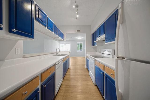 11765 W Atlantic Blvd Unit 1626, Coral Springs, FL 33071 - kitchen featuring white appliances, blue cabinets, under cabinet range hood, light wood-style flooring, and light countertops