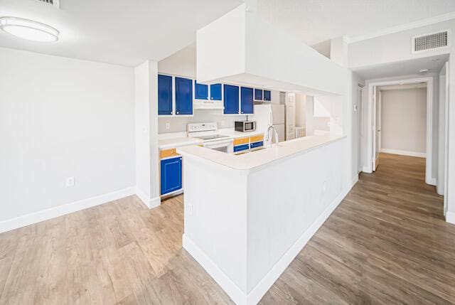 11765 W Atlantic Blvd Unit 1626, Coral Springs, FL 33071 - kitchen with blue cabinets, white appliances, light wood-style flooring, light countertops, and under cabinet range hood