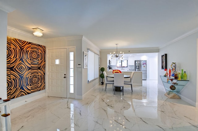 15822 Loch Maree Ln Unit 3203, Delray Beach, FL 33446 - entryway with a chandelier, ornamental molding, and light marble finish flooring