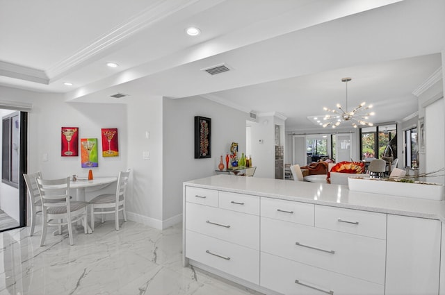 15822 Loch Maree Ln Unit 3203, Delray Beach, FL 33446 - kitchen with crown molding, recessed lighting, modern cabinets, a chandelier, and light countertops