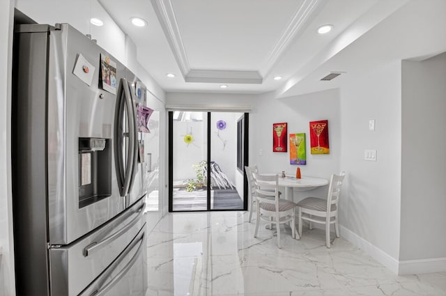 15822 Loch Maree Ln Unit 3203, Delray Beach, FL 33446 - kitchen with stainless steel fridge, crown molding, a raised ceiling, light marble finish flooring, and recessed lighting