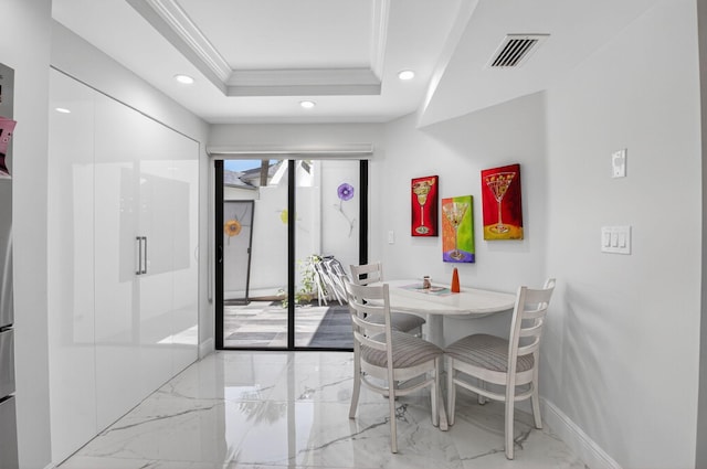15822 Loch Maree Ln Unit 3203, Delray Beach, FL 33446 - dining space with recessed lighting, crown molding, marble tiled floors, and a tray ceiling