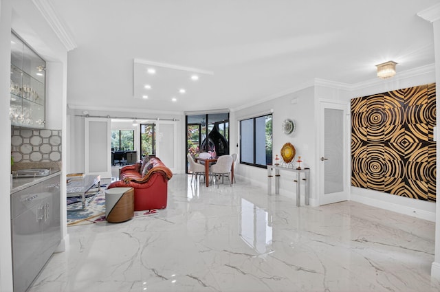 15822 Loch Maree Ln Unit 3203, Delray Beach, FL 33446 - living area with ornamental molding, plenty of natural light, marble tiled floors, and recessed lighting