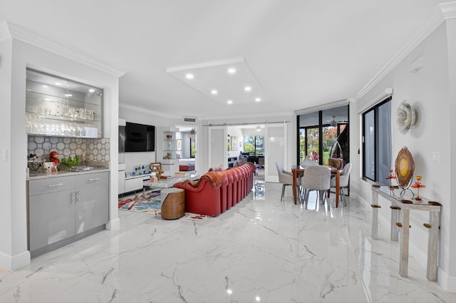 15822 Loch Maree Ln Unit 3203, Delray Beach, FL 33446 - living room featuring a barn door, ornamental molding, recessed lighting, light marble finish flooring, and bar area