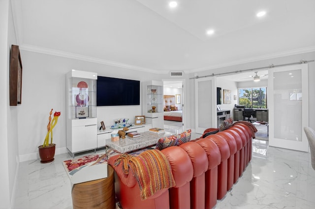 15822 Loch Maree Ln Unit 3203, Delray Beach, FL 33446 - living room featuring light marble finish floors, crown molding, a barn door, a desk, and recessed lighting