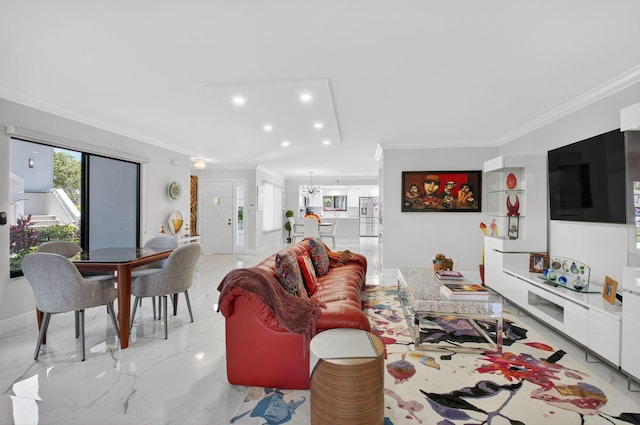 15822 Loch Maree Ln Unit 3203, Delray Beach, FL 33446 - living area featuring crown molding, light marble finish flooring, recessed lighting, and a chandelier