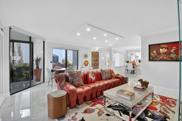 15822 Loch Maree Ln Unit 3203, Delray Beach, FL 33446 - living room featuring ornamental molding, recessed lighting, light marble finish floors, and a chandelier