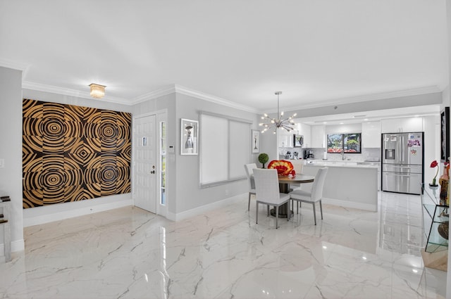 15822 Loch Maree Ln Unit 3203, Delray Beach, FL 33446 - dining area with ornamental molding, a chandelier, and light marble finish floors