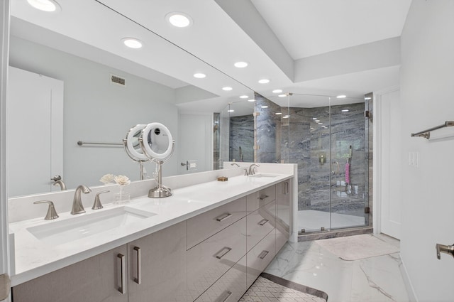 15822 Loch Maree Ln Unit 3203, Delray Beach, FL 33446 - bathroom with recessed lighting, marble finish floors, a marble finish shower, and double vanity