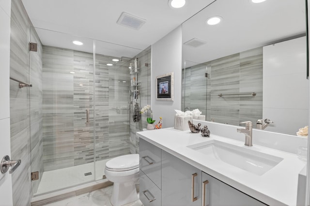 15822 Loch Maree Ln Unit 3203, Delray Beach, FL 33446 - bathroom with marble finish floors, vanity, recessed lighting, and a stall shower