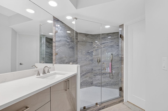15822 Loch Maree Ln Unit 3203, Delray Beach, FL 33446 - full bath featuring marble finish flooring, vanity, a marble finish shower, and recessed lighting