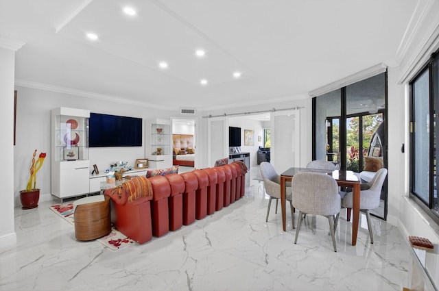 15822 Loch Maree Ln Unit 3203, Delray Beach, FL 33446 - living area featuring ornamental molding, a barn door, recessed lighting, and light marble finish floors