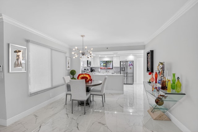 15822 Loch Maree Ln Unit 3203, Delray Beach, FL 33446 - dining room featuring a chandelier, light marble finish flooring, and crown molding
