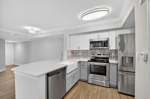 15155 Michelangelo Blvd Unit 103, Delray Beach, FL 33446 - kitchen featuring stainless steel appliances, gray cabinets, backsplash, light wood-type flooring, and light countertops