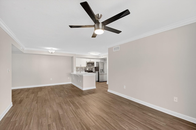 15155 Michelangelo Blvd Unit 103, Delray Beach, FL 33446 - unfurnished living room with ornamental molding, a ceiling fan, and wood finished floors