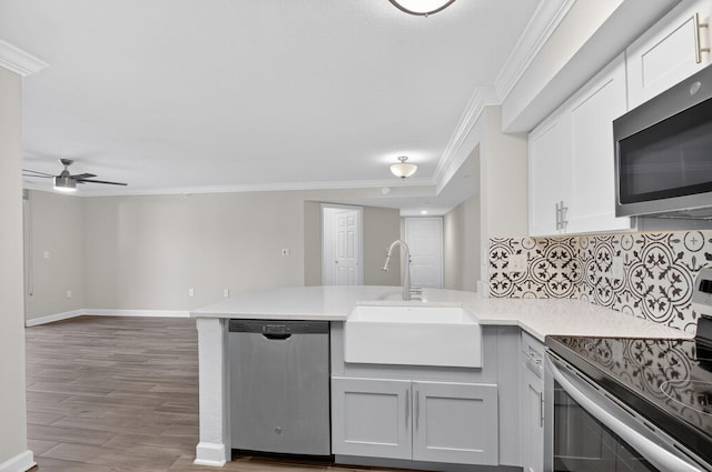 15155 Michelangelo Blvd Unit 103, Delray Beach, FL 33446 - kitchen with appliances with stainless steel finishes, a peninsula, ornamental molding, wood finished floors, and a ceiling fan