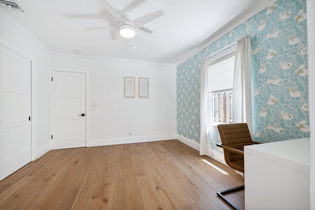 1116 SE 11th St, Fort Lauderdale, FL 33316 - unfurnished office with light wood-style flooring, ornamental molding, ceiling fan, and wallpapered walls