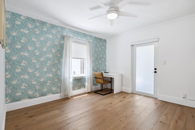 1116 SE 11th St, Fort Lauderdale, FL 33316 - unfurnished office with light wood-style floors, ceiling fan, crown molding, and wallpapered walls