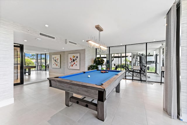 899 Jeffery St Unit 208, Boca Raton, FL 33487 - rec room featuring billiards table, a wall of windows, tile patterned flooring, and recessed lighting