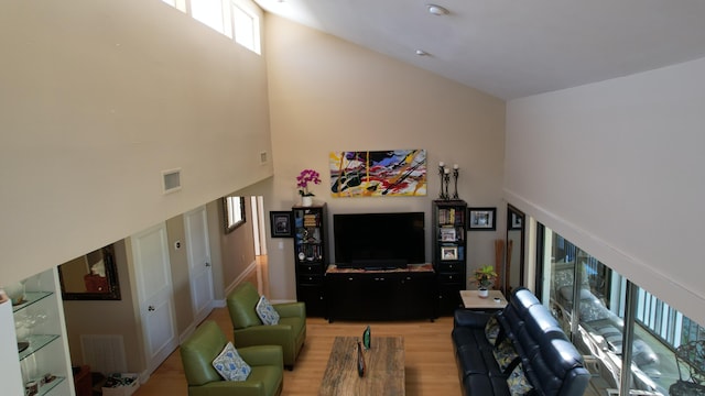6864 Willow Wood Dr Unit 408, Boca Raton, FL 33434 - living room with high vaulted ceiling and light wood-type flooring