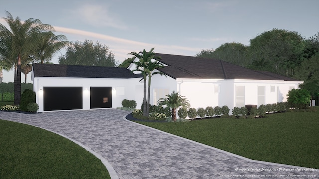 6189 Woodcutter Ct, Palm Beach Gardens, FL 33418 - view of front of property with driveway, an attached garage, a front lawn, and stucco siding