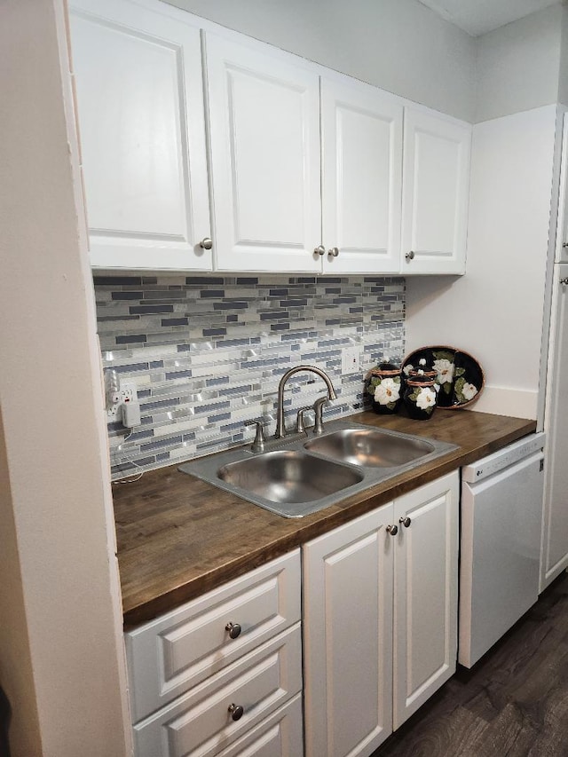 131 Doolen Ct Unit 302, North Palm Beach, FL 33408 - kitchen featuring dishwashing machine, white cabinetry, backsplash, butcher block countertops, and dark wood-style floors