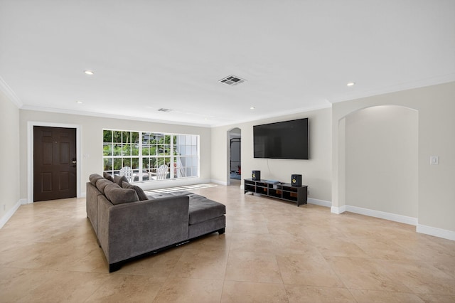 1921 W Terra Mar Dr, Lauderdale By The Sea, FL 33062 - living room featuring crown molding, arched walkways, and recessed lighting