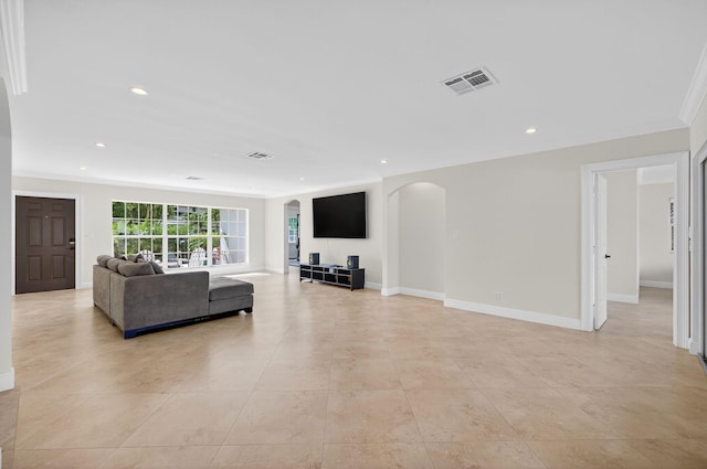 1921 W Terra Mar Dr, Lauderdale By The Sea, FL 33062 - living room with arched walkways, recessed lighting, crown molding, and light tile patterned flooring